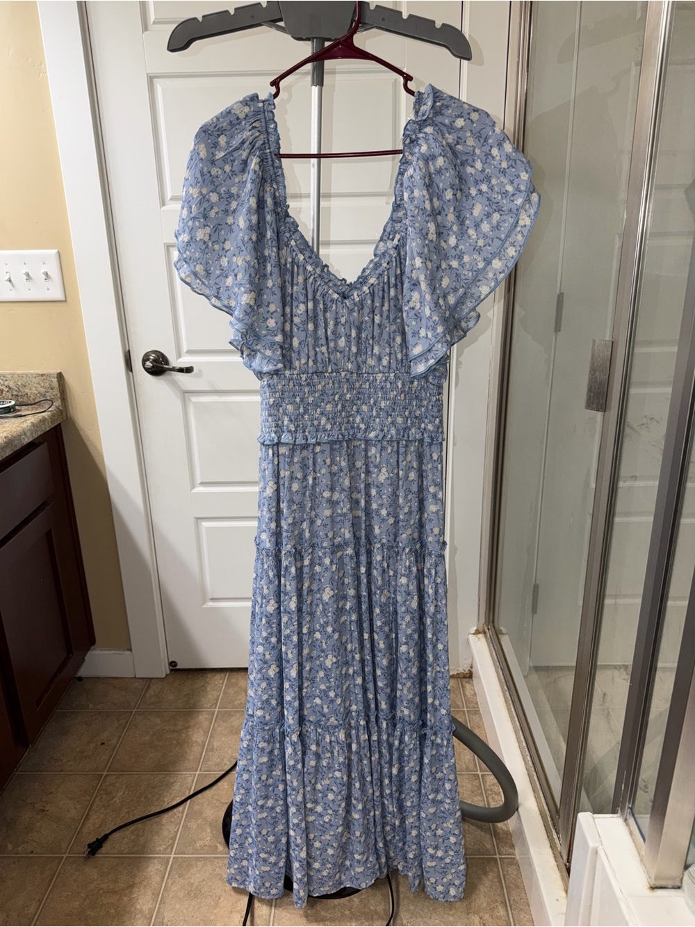 ARULA Blue Floral Maxi Dress with Flutter Sleeves